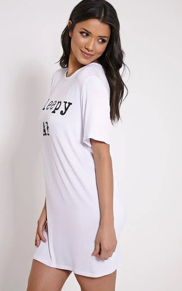 MGOO OEM White Color Night Shirts Letter Custom Printed Sleep Dress O Neck Short Longline Sleepwear