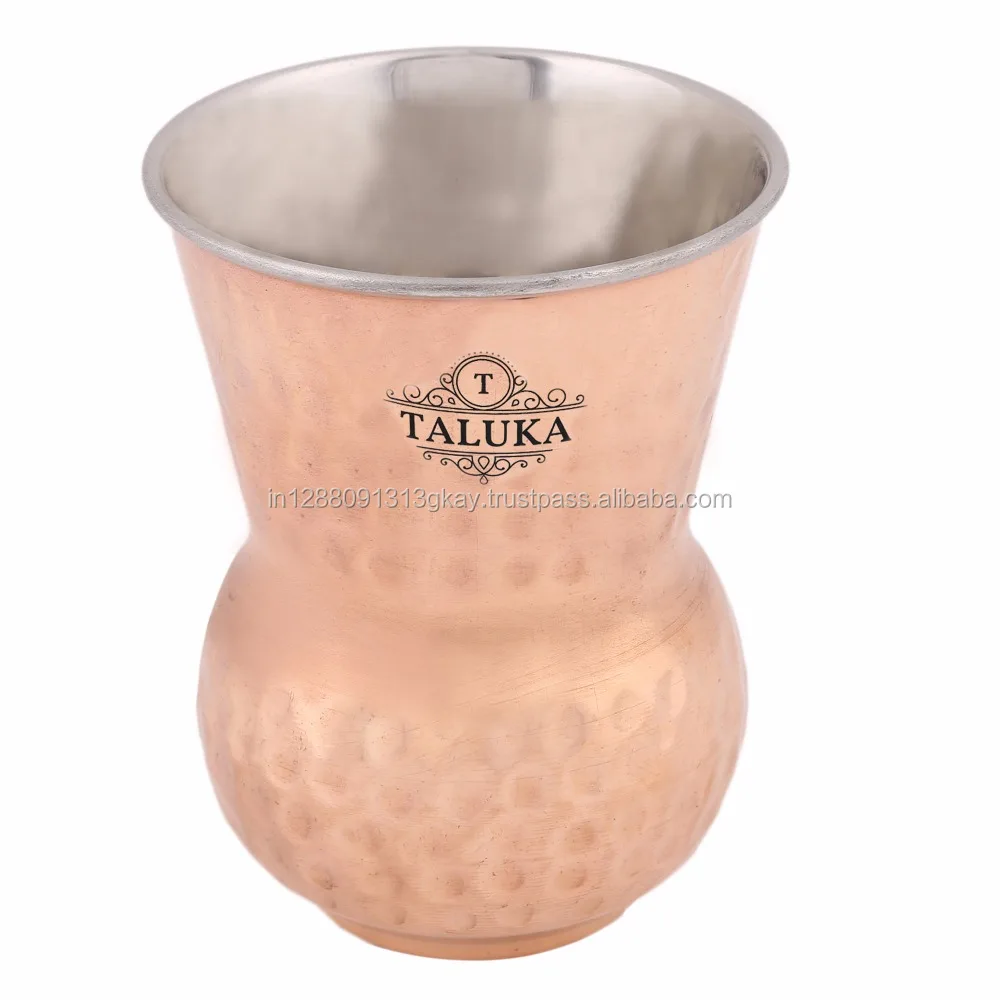 Handmade Hammered round bottom drinking water inside steel outside copper glass cup
