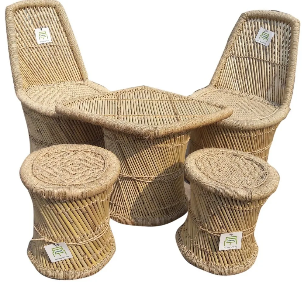 Solid Wood Modern Outdoor Garden Patio Balcony Lawn Bar Pub Restaurant Cane/Bamboo/Wooden Sitting Chairs Ottoman Furniture Set