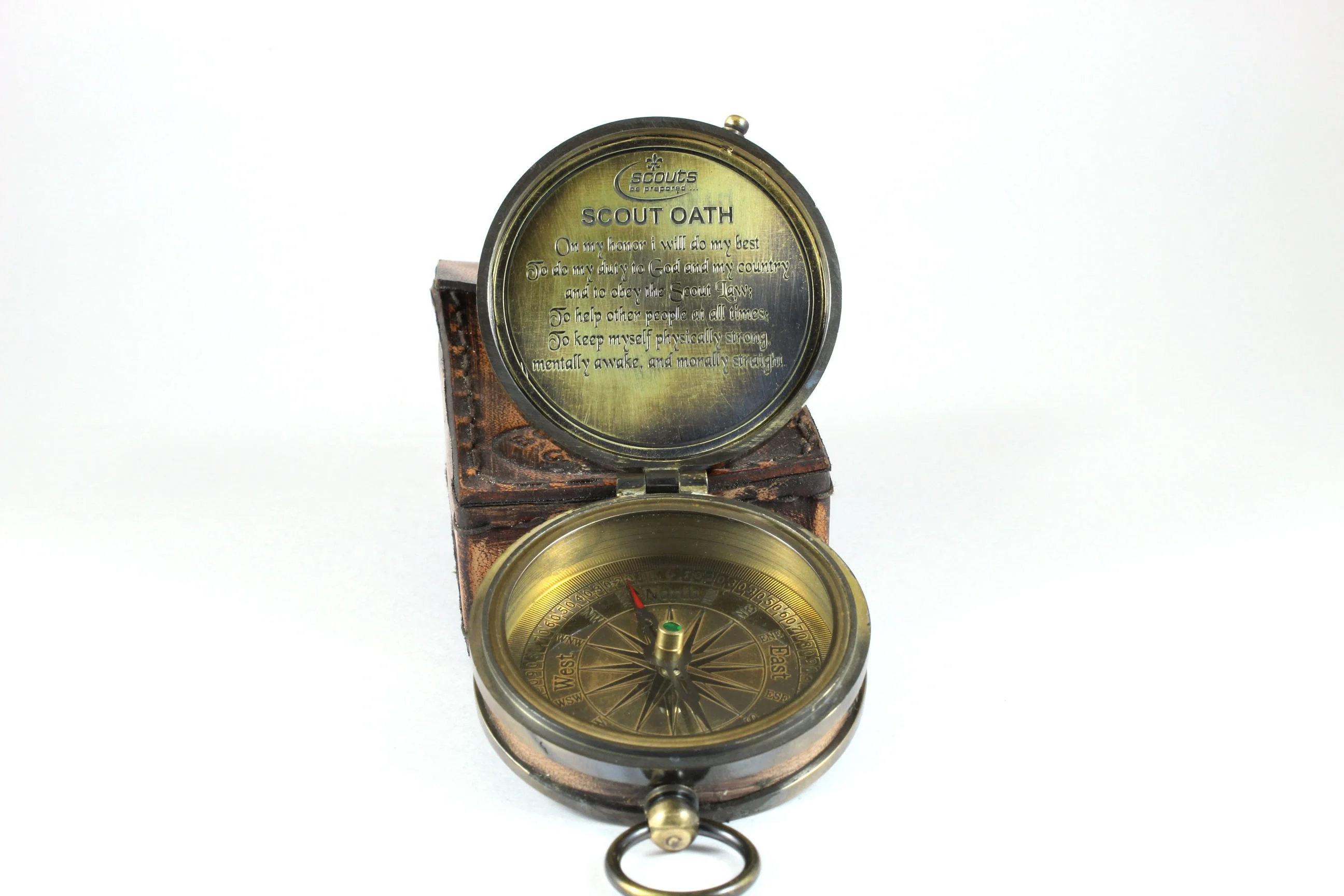 Brass Boys Scout Antique Finish Compass with Engraved Scout Oath Inside Compass with Leather case