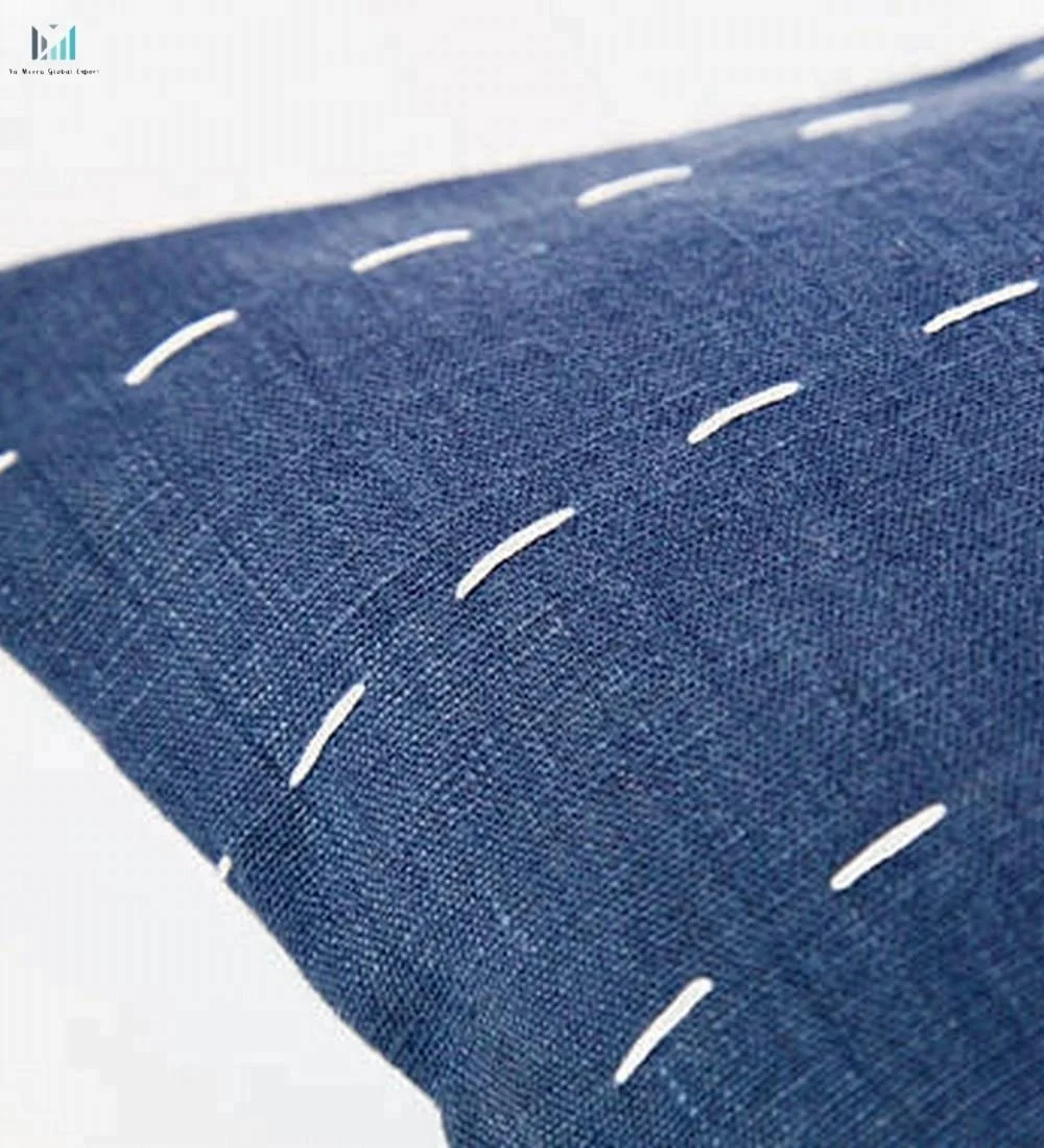 
Vintage Pure Linen Pillow Cover | Navy Color Wide Horizontal Lines embroidery with white thread 