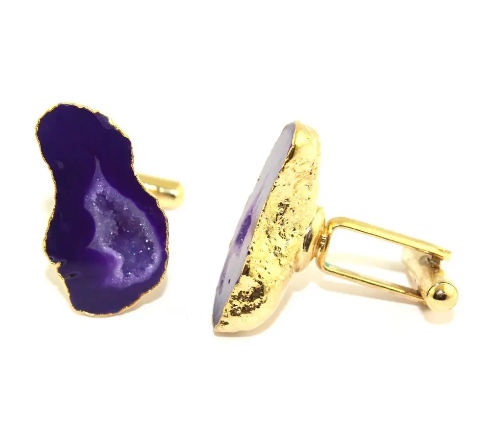 Luxury jewelry collection natural purple geode druzy gold plated cufflinks handmade gemstone cufflinks for groom unisex cufflink