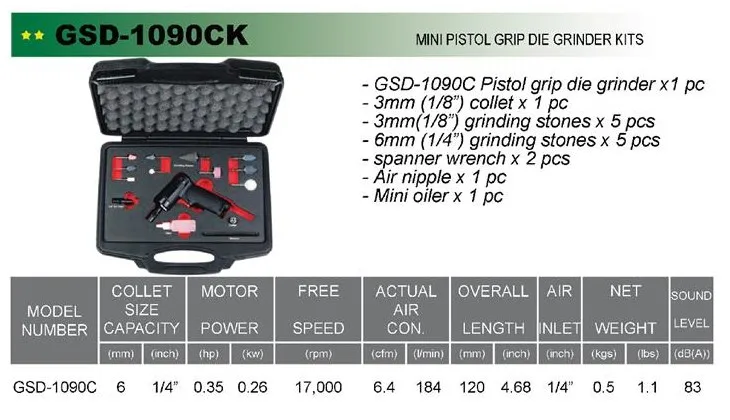 GSD-1090CK, композитный корпус, рукоятка пистолета, наборы пневматических шлифовальных машин