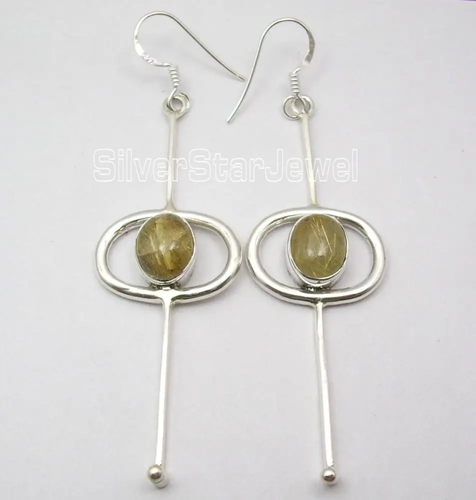 
Gemstone natural jewelry 925 real sterling silver cab oval shape golden rutile quartz long dangle earring 