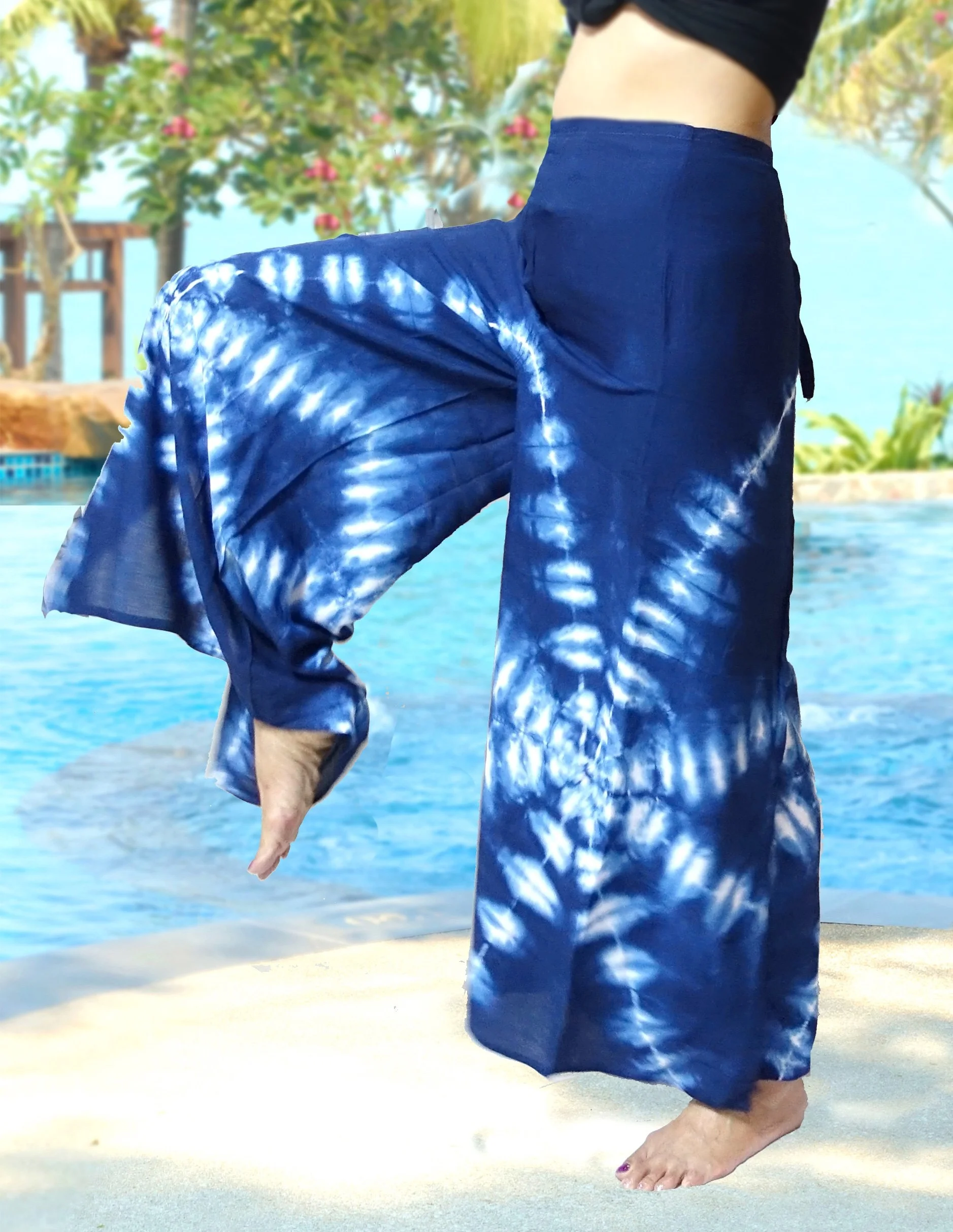 Handmade Blue Indigo BOHO harem wide legs pants gypsy yoga belly dance art pallazo Wrap Sarong strings Tie Pants