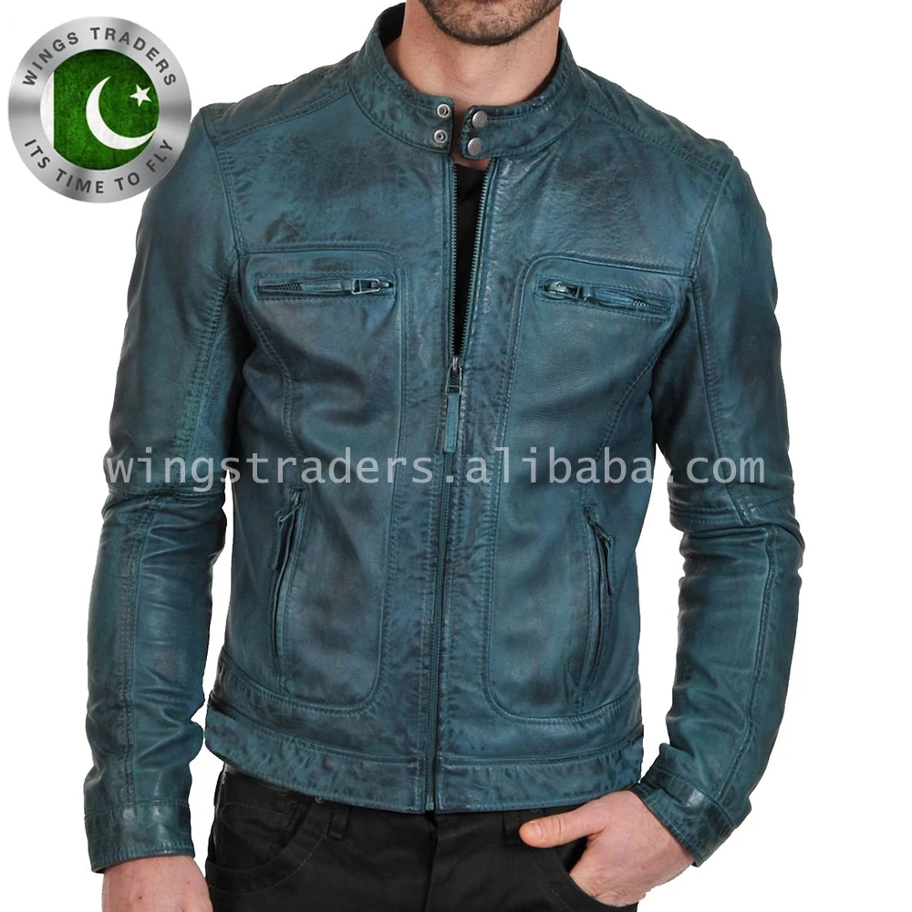Mens European Style Waxed Leather Fashion Jacket / European style blue tight eco mens leather autumn jacket