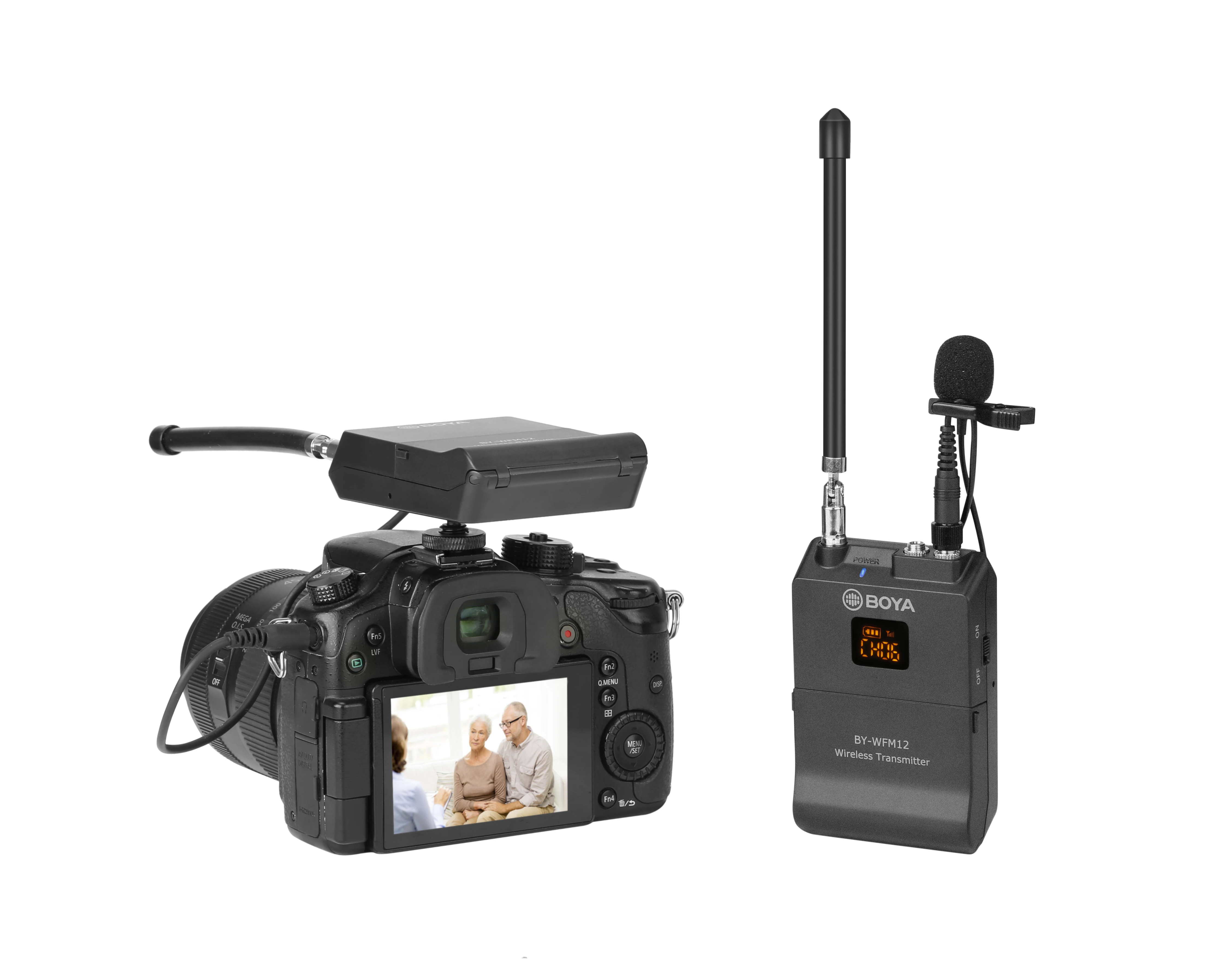 BY-WFM12( VHF Wireless Microphone) For smartphone, DSLRs, with 12 selectable operating channels, real-time monitoring.