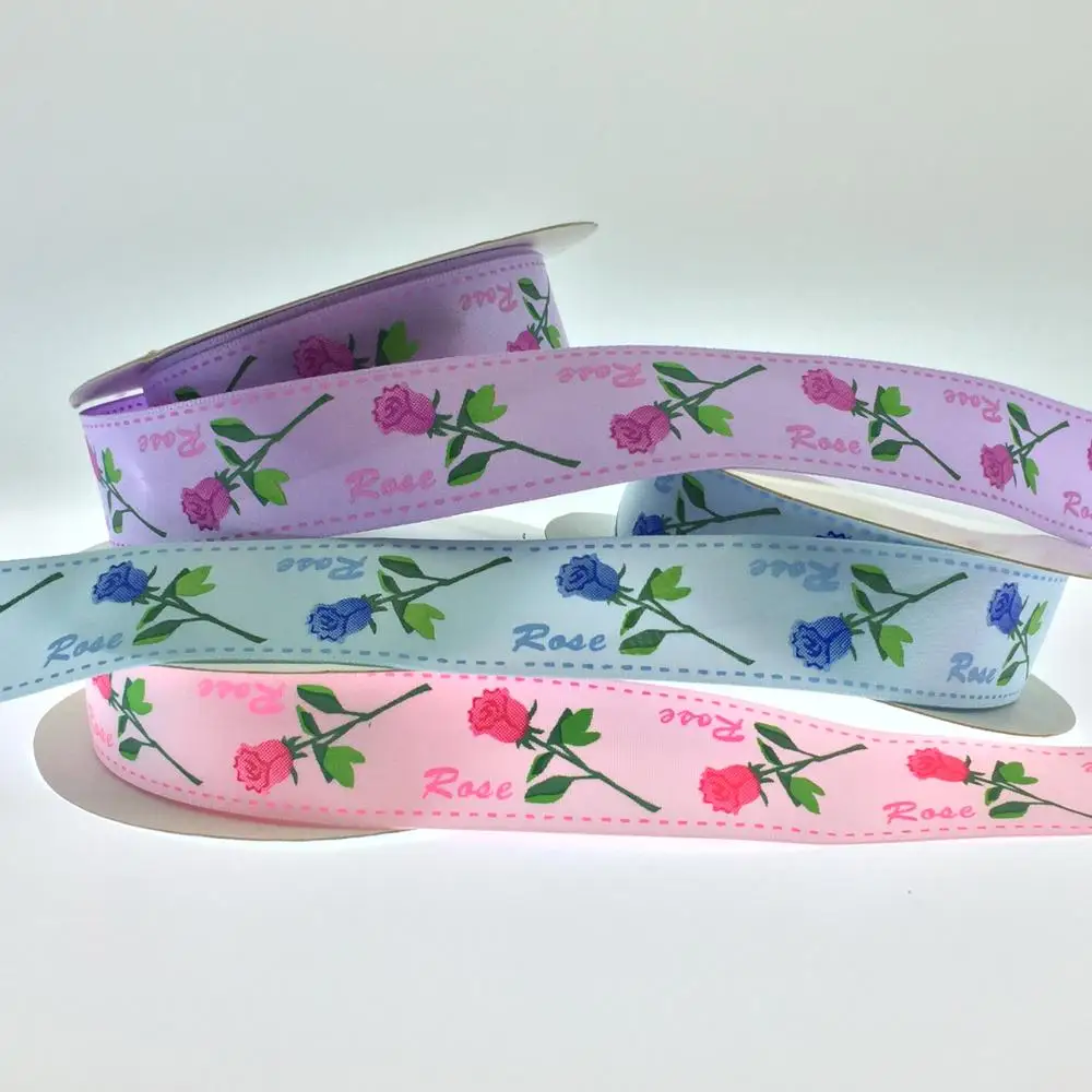 Fancy silk screen rose printing satin woven ribbons