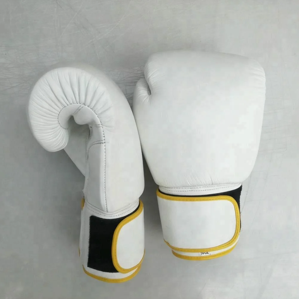Genuine White Leather Boxing Gloves Hand-Made Mold with Hook and Loop Wrist Strap Closure Layers