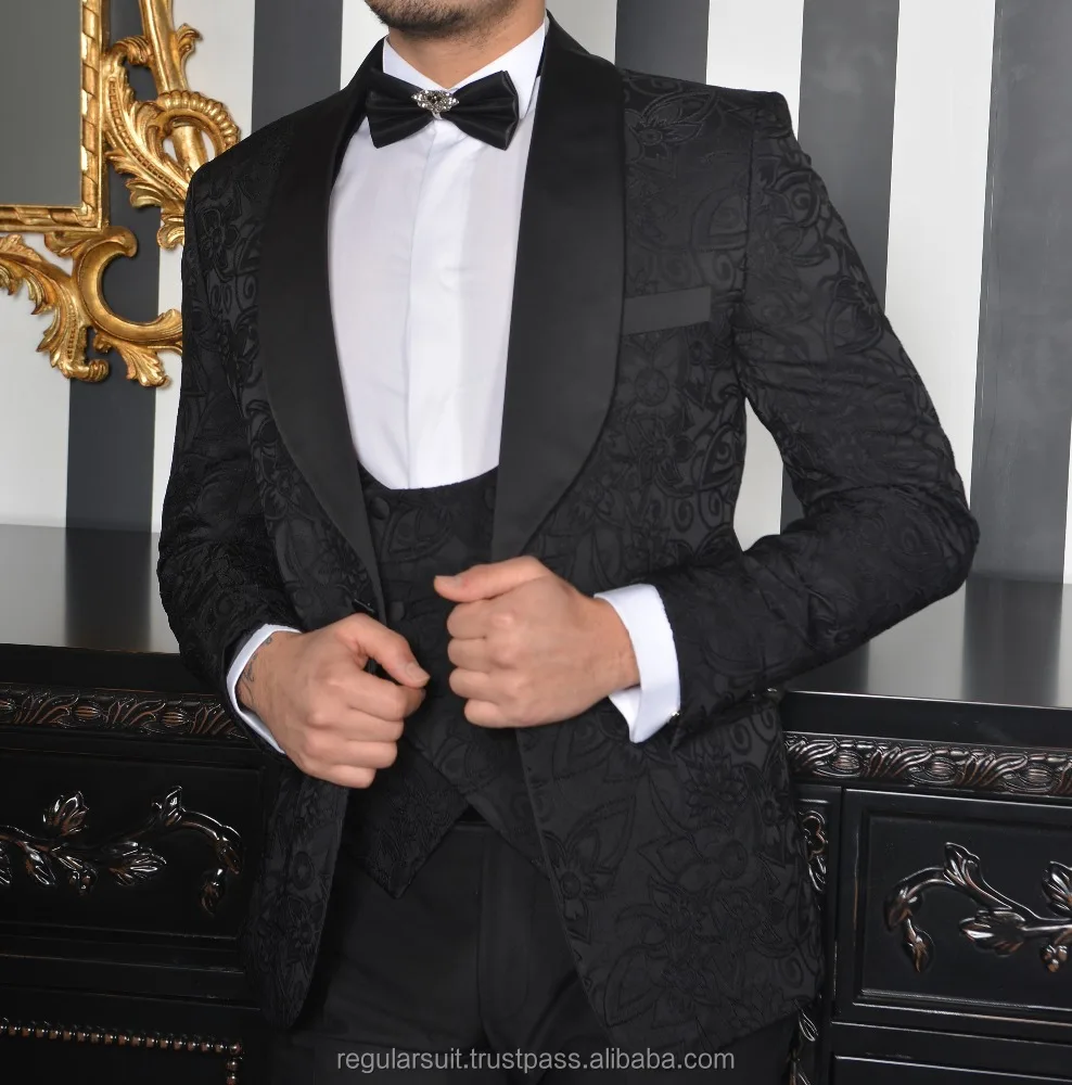 
2018 3 Pieces Patterned Navy Men Black Wedding Suit 