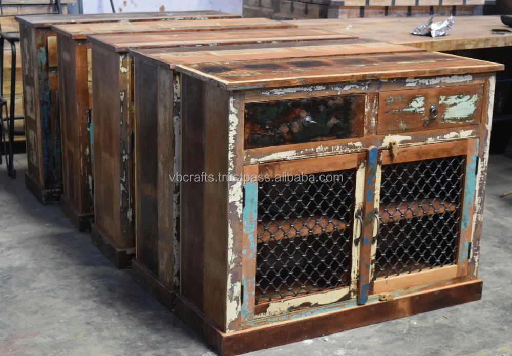 Iron Jali Door Indian Antique Recycled Old Wood Ethnic Style Storage Display Kitchen Office Home Living Room Cabinet Sideboard