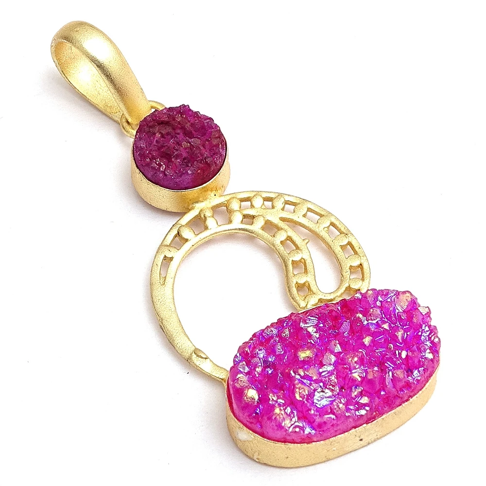 
Discount New Design pink titanium druzy gemstone handmade jewelry gold plated pendant jewelry 