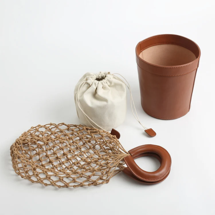 2021 Hot Genuine Cow Leather Net Handmade Tote Women Handbag Woven  Bucket Bag