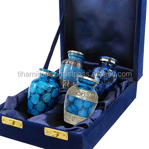 
Set of 4 Small Mini Keepsake Urns For Human Ashes in Blue Fire with Velvet Box  (50039784853)