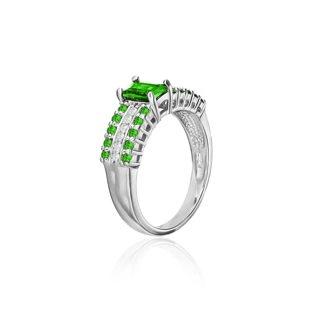 
925 Sterling Silver Platinum Plated Octagon Chrome Diopside White Topaz Ring 
