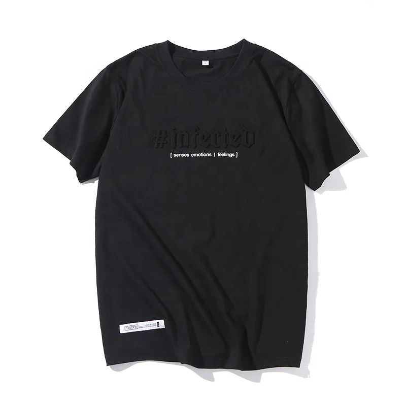 High quality Stock Small MOQ. 100% cotton 180 grams Own Design 3D embossed print o-neck Short sleeve T-shirt for Men