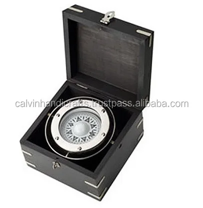 Nickel Plated Gimbaled Brass Compass with Wood Box