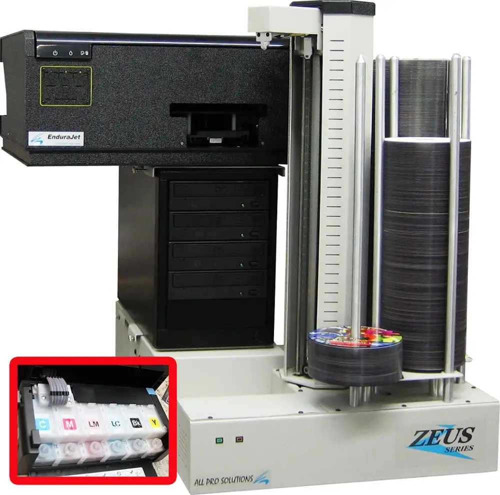 Automated Blu-Ray CD DVD Publisher w/ CISS Inkjet Printer, 4 BD Drives, 600 Disc Capacity, Built-In PC