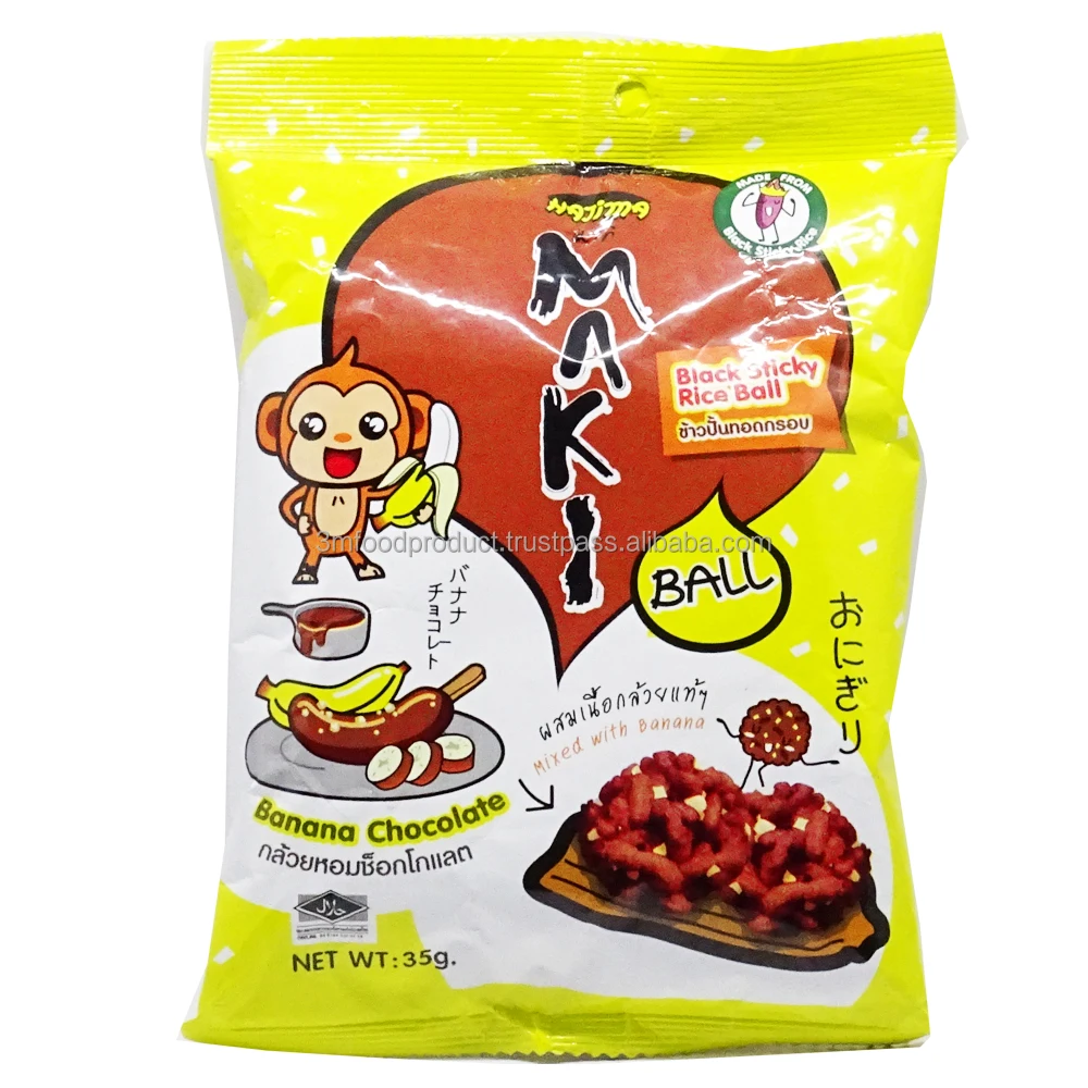 Halal Rice Thai Grain Snacks Wholesale Healthy Snacks Bags Package Chips Snack Chocolate Prawn Durian Wasabi Flavors 35g