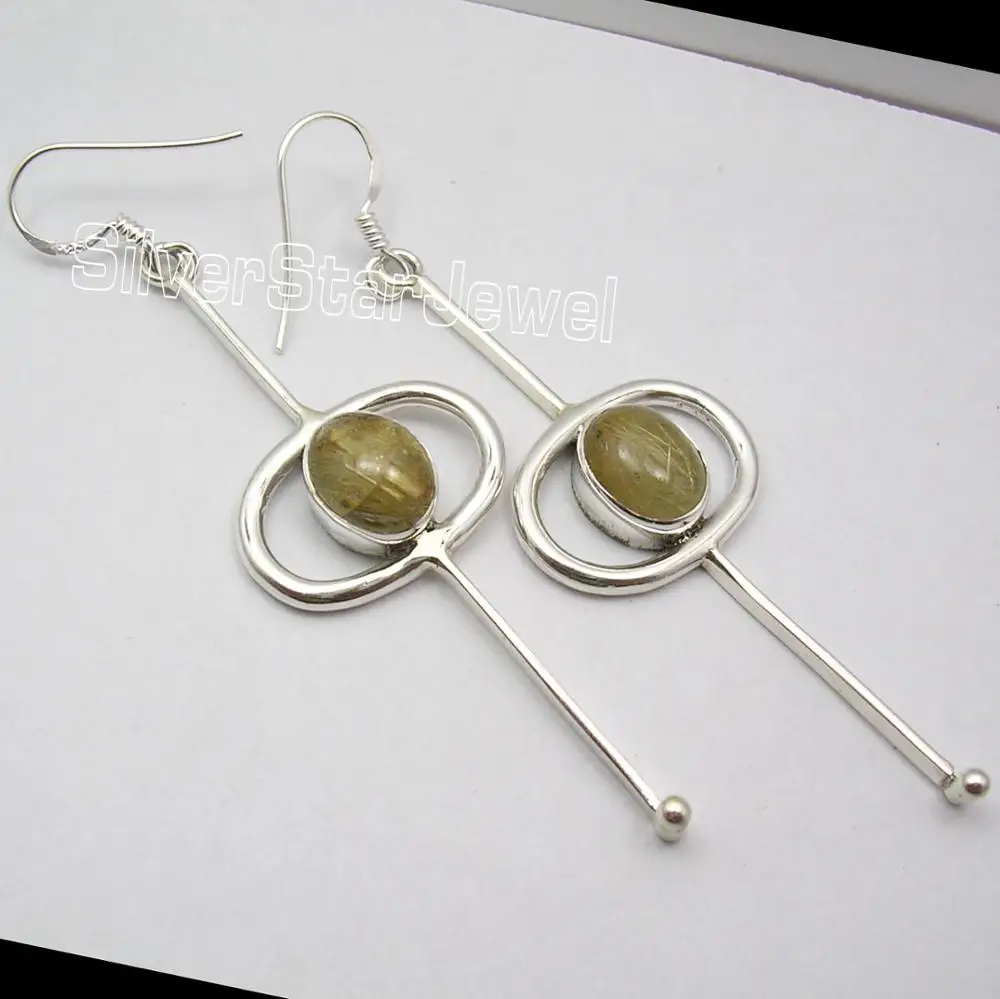 
Gemstone natural jewelry 925 real sterling silver cab oval shape golden rutile quartz long dangle earring 