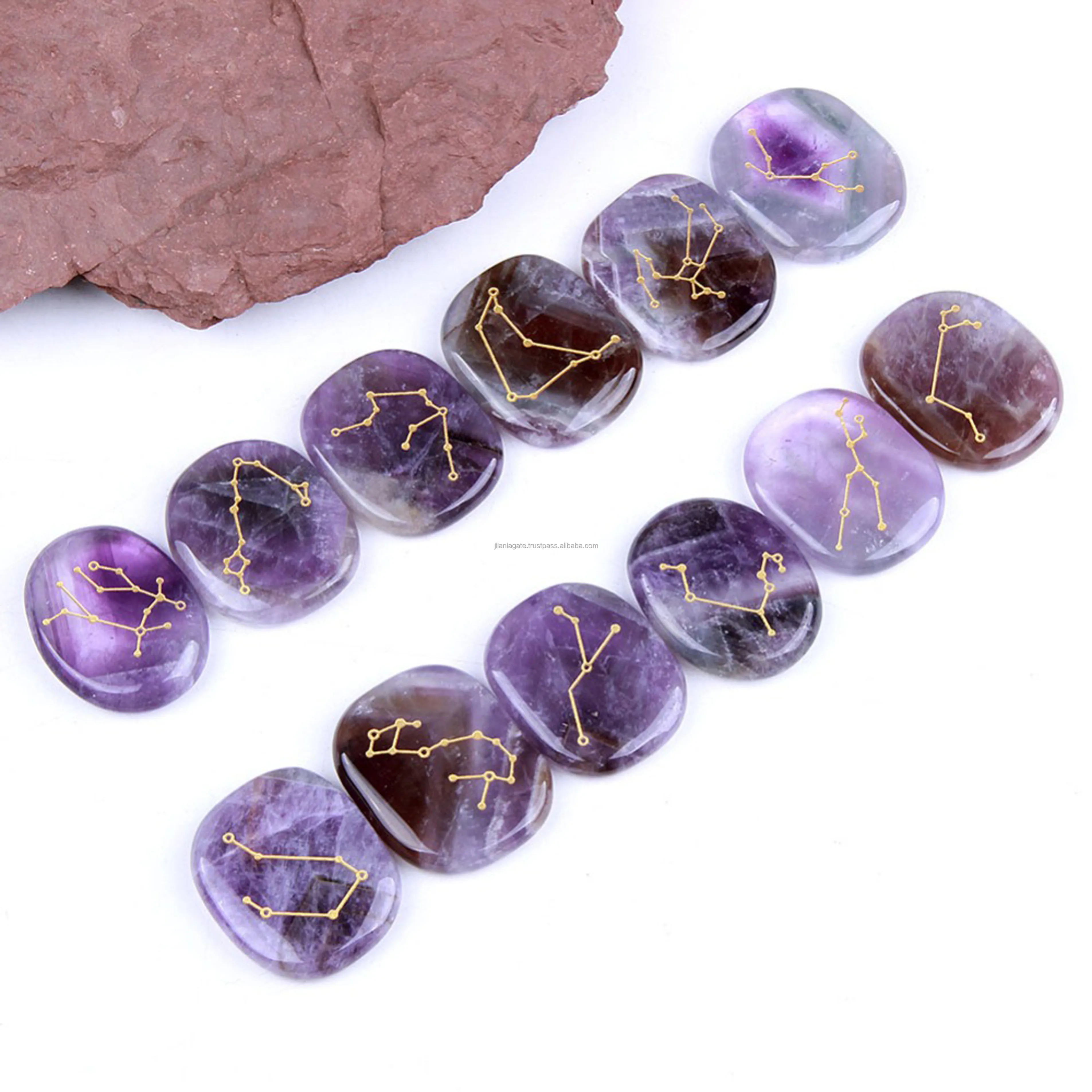Natural Amethyst Palm Stones 12pcs Zodiac Symbols