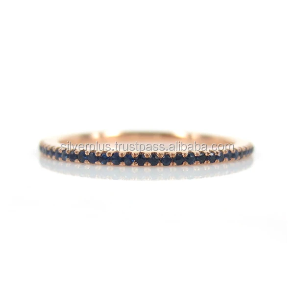Solid 14K Yellow Gold Genuine Blue Sapphire Gemstone Full Eternity Stacking Ring Christmas Jewelry