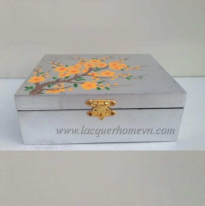 Traditional MDF box with Whitelacquer finish and Apricot Blossom Painting