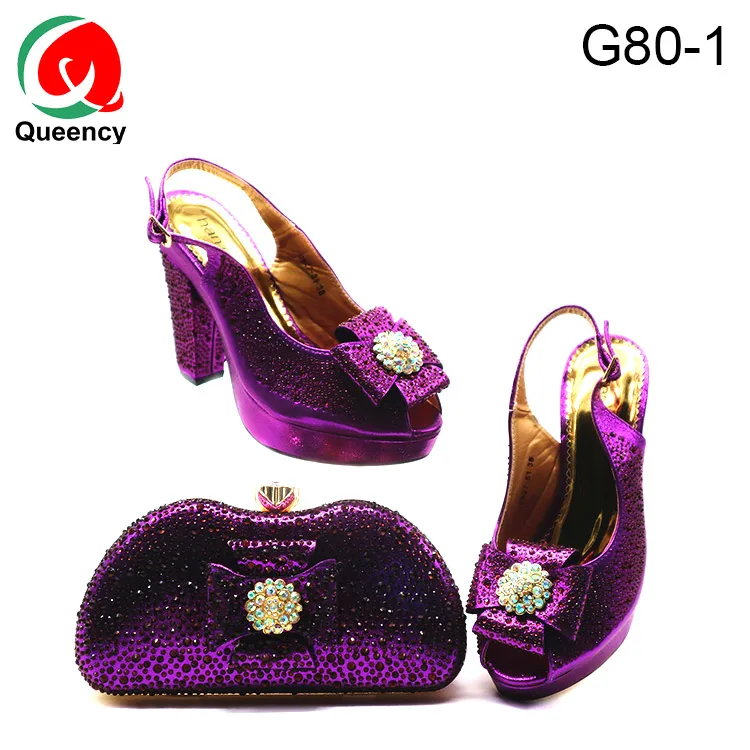 Queency High Heel Shoes and Matching Clutch Bag Evening Nigerian Gold Party Square Heel High (5cm-8cm) Summer PU Slingbacks PVC