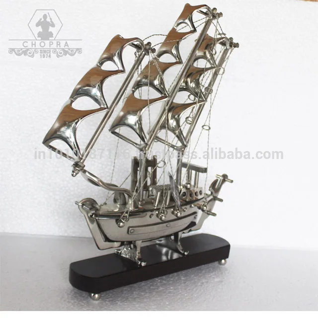 Decorative Metal Boat with Wooden Base Metal Craft Decorative product home decor high quality