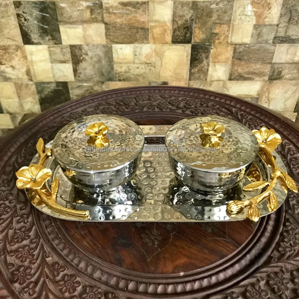 Aluminum Art and Craft Hammered Tray and two Bowls with Lid Metal decorative Platter with Hammered handicrafts work