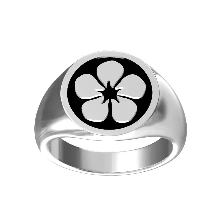 S925 flower vinca men signet ring black enamel jewelry silver custom logo stamp printing ring for unisex