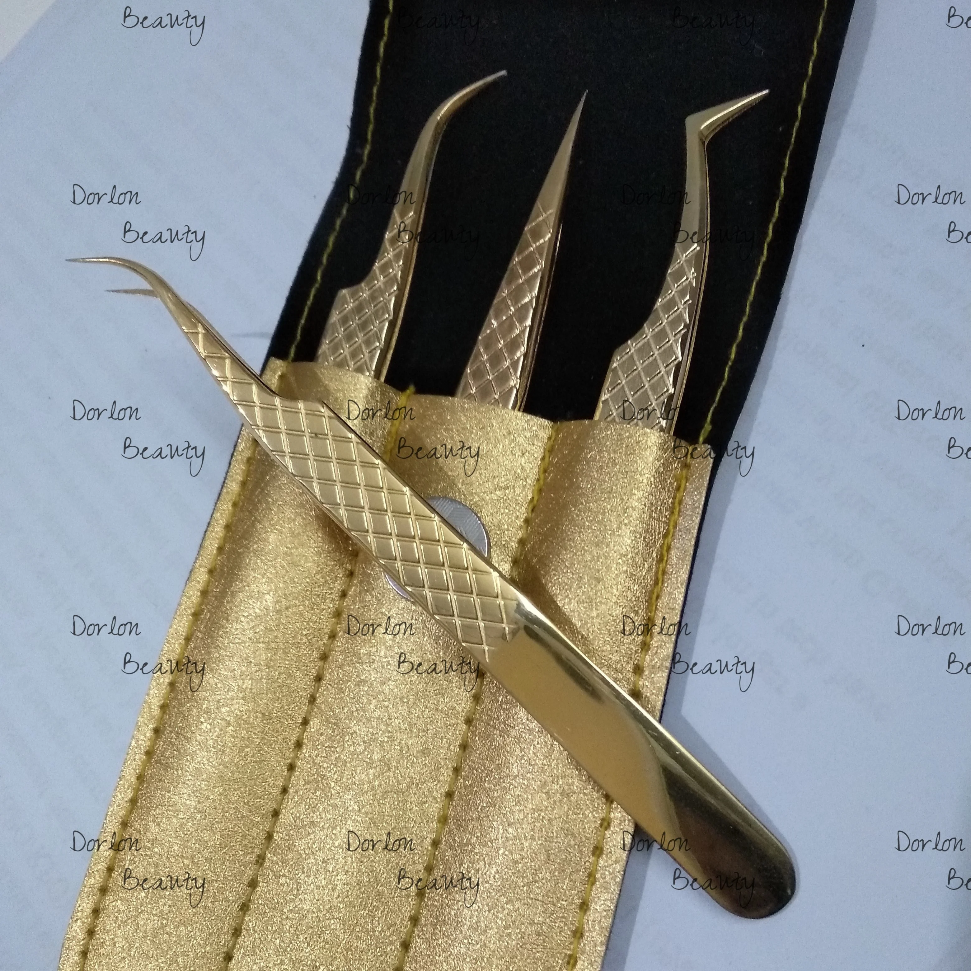 High End  Eyelashes Tweezers Bulk Private Label Custom Logo Gold Set Eyelash Tweezers Diamond Grip Tweezers