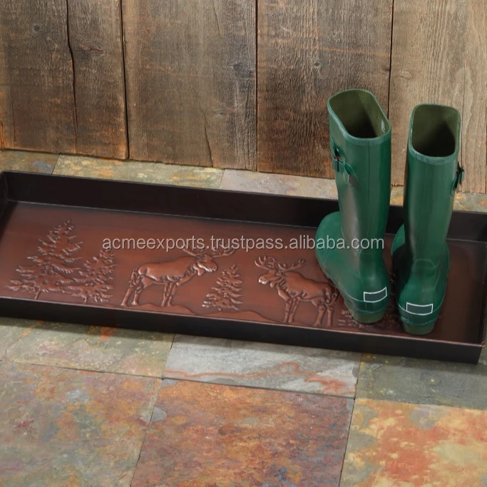 Metal Moose Design House Hold 4 pairs Boots Copper Antique Rectangular Tray Boot Tray For Indoor And Outdoor