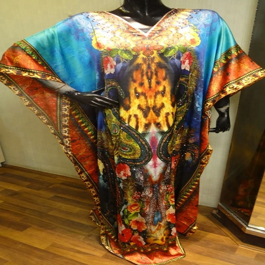 Digital print crape multicolored kaftan/poncho Dress,beach dress abaya for Muslim girls