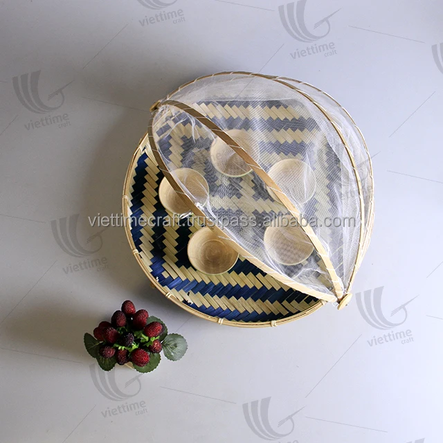 Blue bamboo fruit basket with net cover/Bamboo fruit basket, made of bamboo