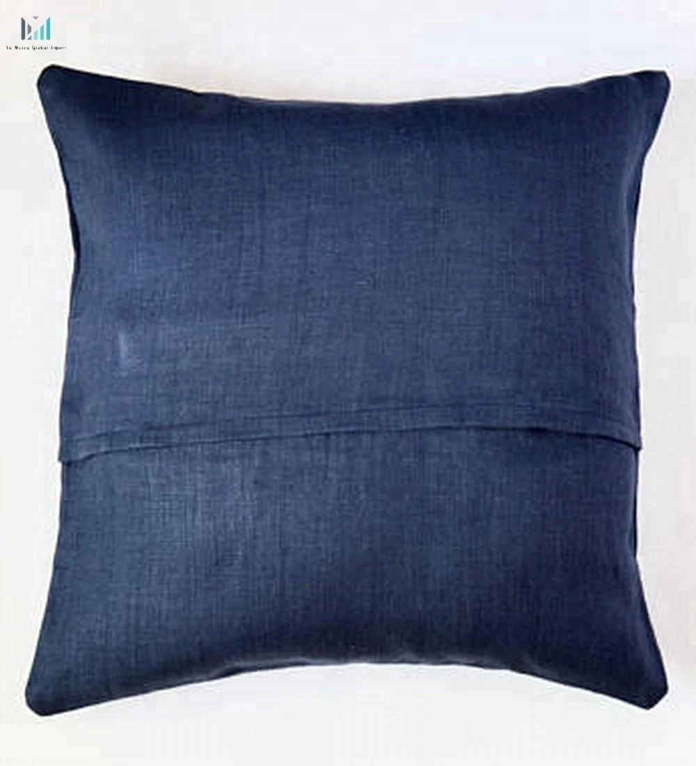 
Vintage Pure Linen Pillow Cover | Navy Color Wide Horizontal Lines embroidery with white thread 