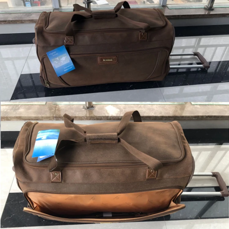 Ostrich pattern trolley duffel genuine leather travel bag, faux PU angola skin roller wheeled weekend holdall voyage duffle bag