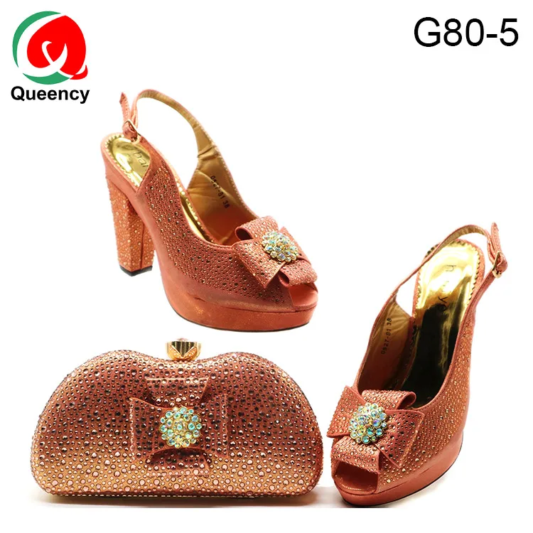 Queency High Heel Shoes and Matching Clutch Bag Evening Nigerian Gold Party Square Heel High (5cm-8cm) Summer PU Slingbacks PVC