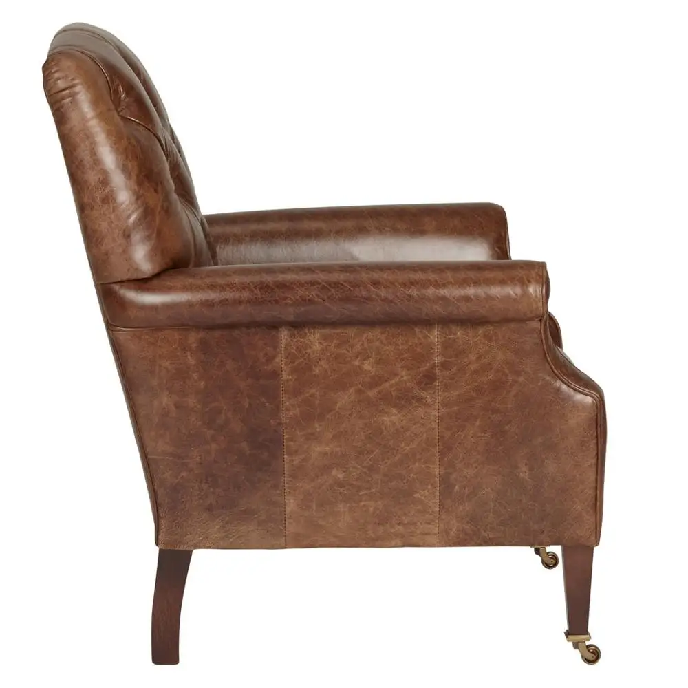 Tweed Flynn Leather Armchair/Leather chair brass wheels