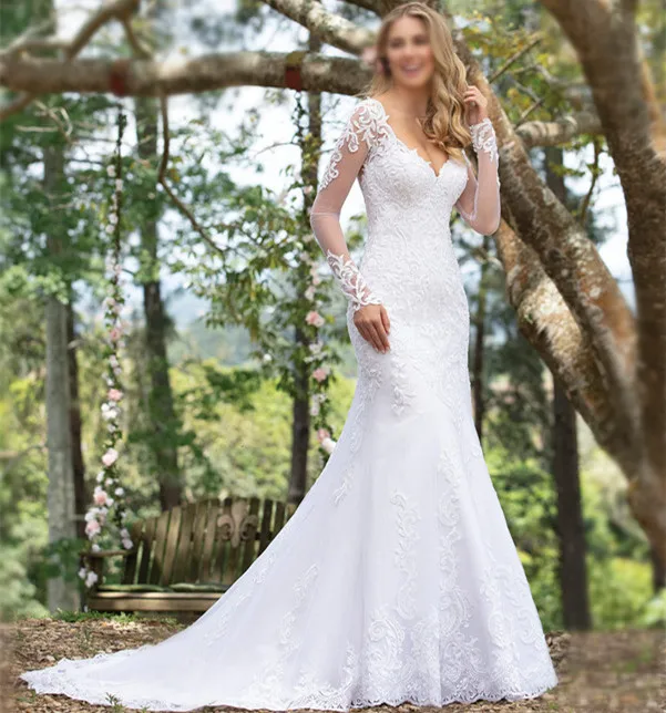V-Neck African Mermaid Bridal Dresses Long Sleeve Wedding Gowns Elegant African Bridal Gown Fish Tail Wedding Dresses