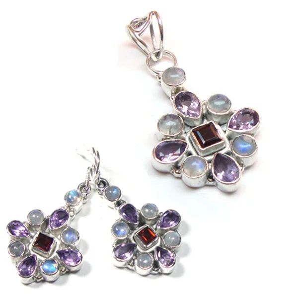 Best selling 925 sterling silver jewelry sets pendant earrings blue topaz rainbow moonstone wholesale Indian Jaipur jewelry