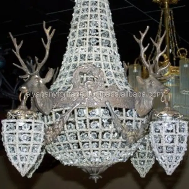 French Crystal Stag Head Basket Chandelier