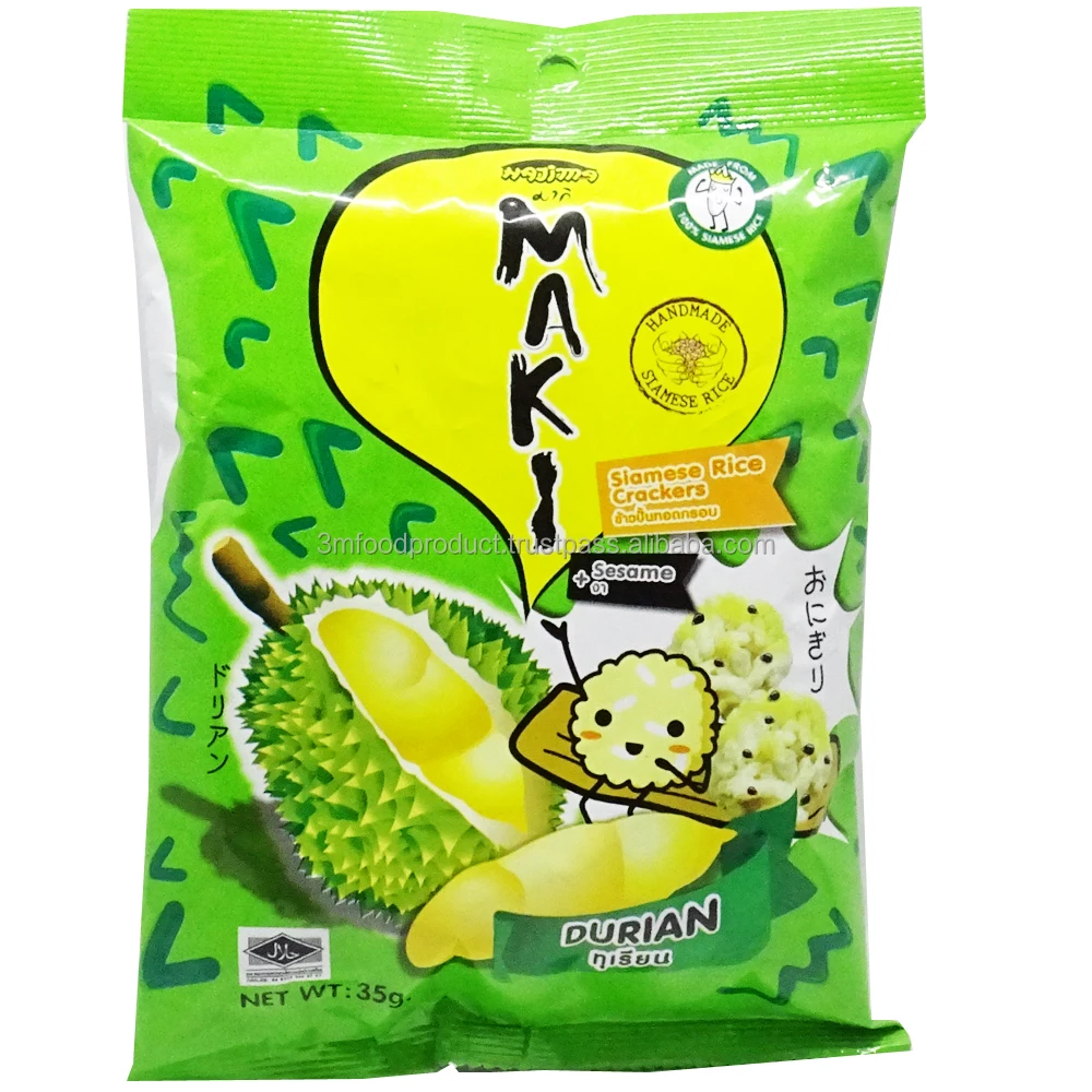Halal Rice Thai Grain Snacks Wholesale Healthy Snacks Bags Package Chips Snack Chocolate Prawn Durian Wasabi Flavors 35g