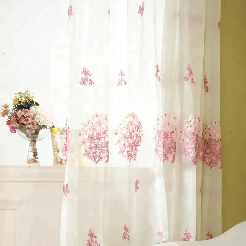 Top Elegant bedroom, dinning room use pink floral embroidery lace curtain