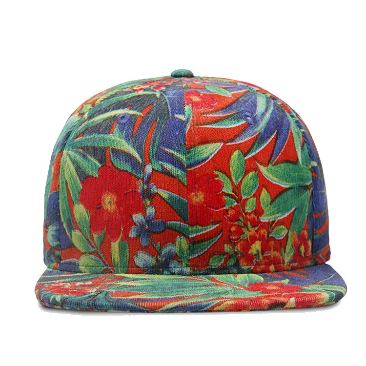Custom design flat tropical floral snapback hats, hawaiian print snapback caps