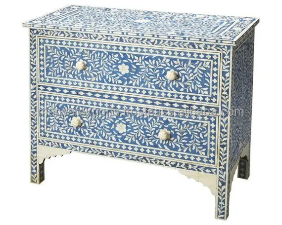 Handmade Two-Drawer Chest of Drawers Mango Wood Living Room Furniture with Elegant Floral Pattern