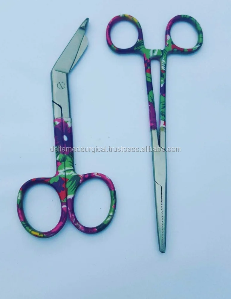 NEW Hemostats Forceps Bandage Scissors Hawaiian Flower Print Tip Clamps Set