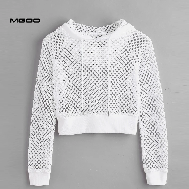 MGOO Custom Sexy Performance Plain White Mesh Crop Pullover Fishnet Hoodie