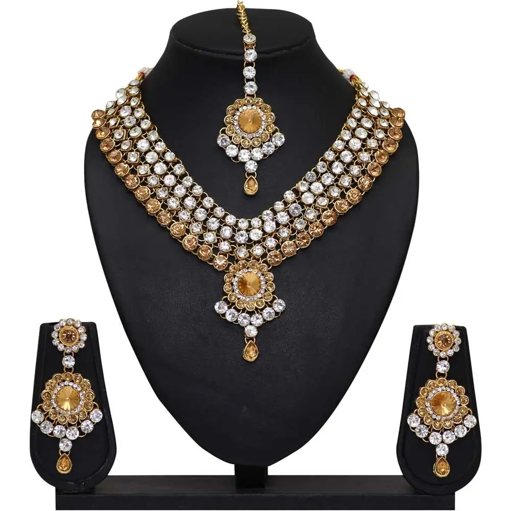 Indian Traditional White Color Kundan Necklace With Earrings & Maang Tikka