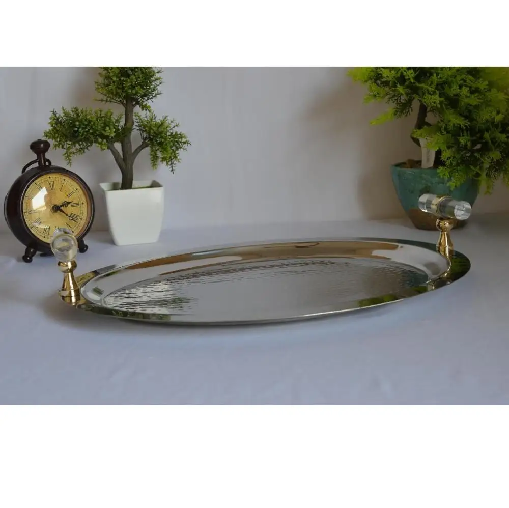 Vantage Modern Luxury Fancy Stainless Steel Oval Tray with acrylic Handles Shiny Polished Tray For Home and Kitchen Usage